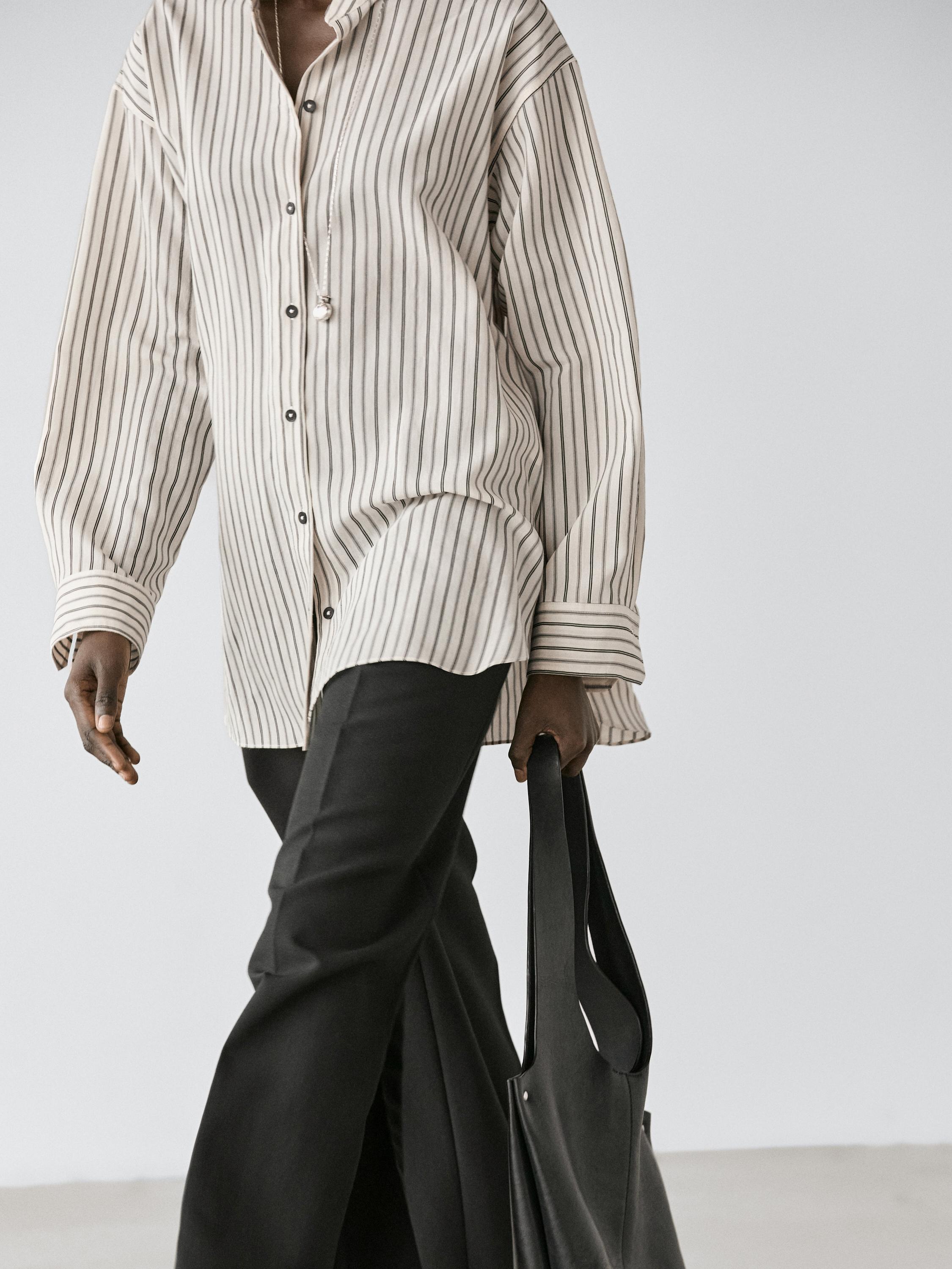 Striped flowing shirt with stand collar